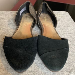 TOMS Jutti D’Orsay black Suede leather and gold tweed canvas flats size 6.5